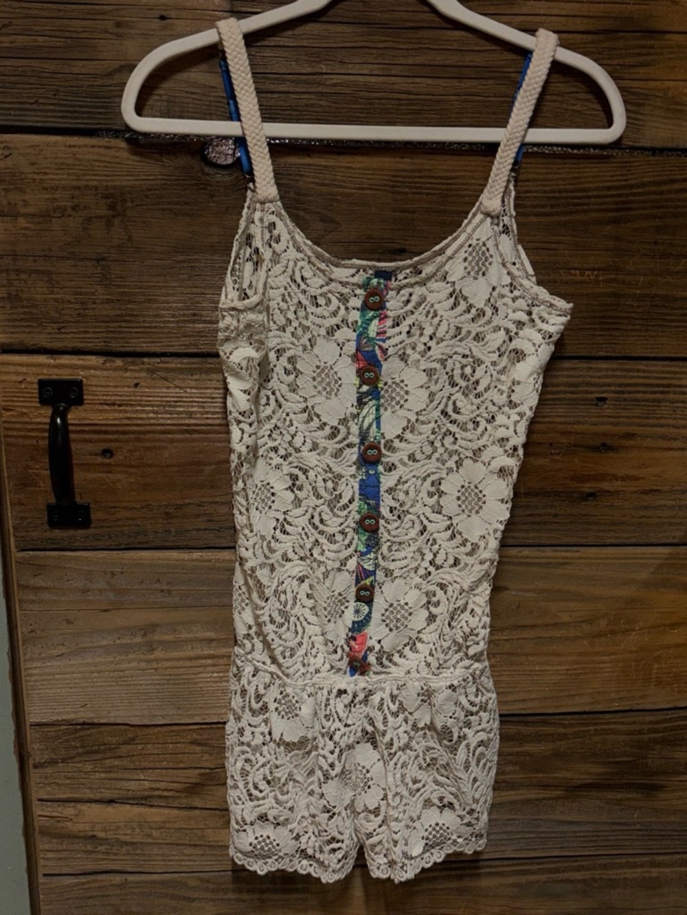 Cream Lace Romper with Colorful Button Trim and Lace Up Corset Back